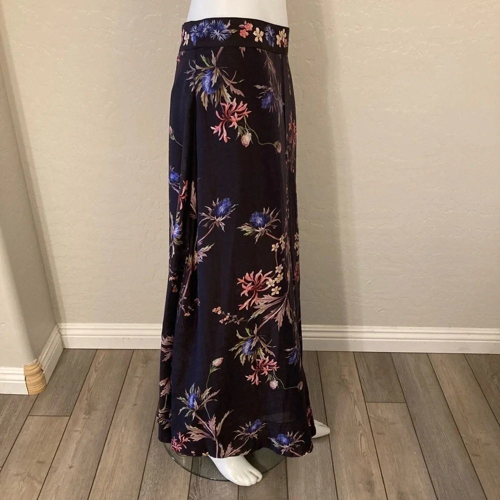 H&M Linen Blend Black Floral Maxi Skirt Size 10